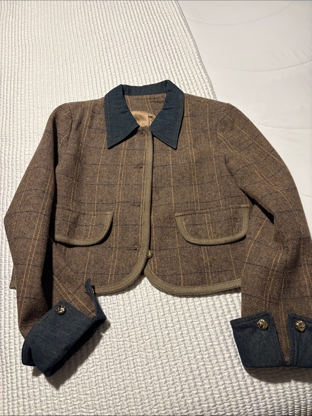Cropped Brown Plaid Wool-Blend Jacket with Dark Contrast Collar in Denim